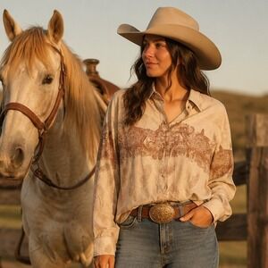 Bit & Bridle Womens XXL Tan Brown Equestrian Horse Paisley Button Down Shirt